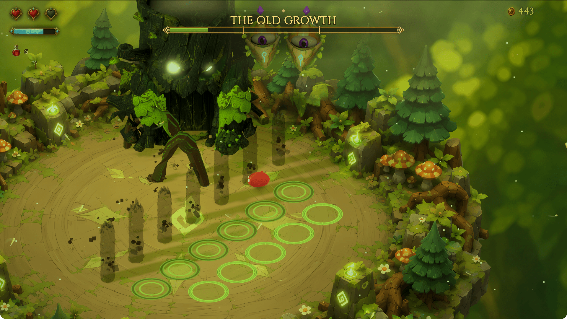The Old Growth in its plagued third phase — a blackened treant king looming over the sickened court, trunk pillars and telegraph rings across the boards