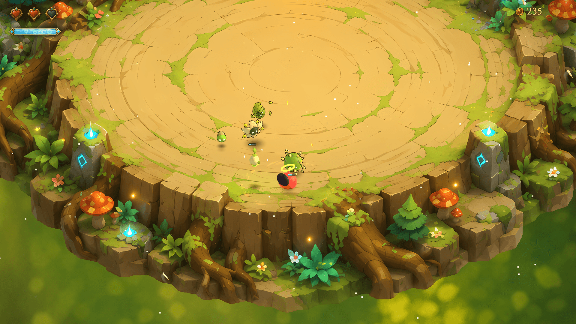 Mid-combat in a forest room, the player's wisp companion fighting at their side