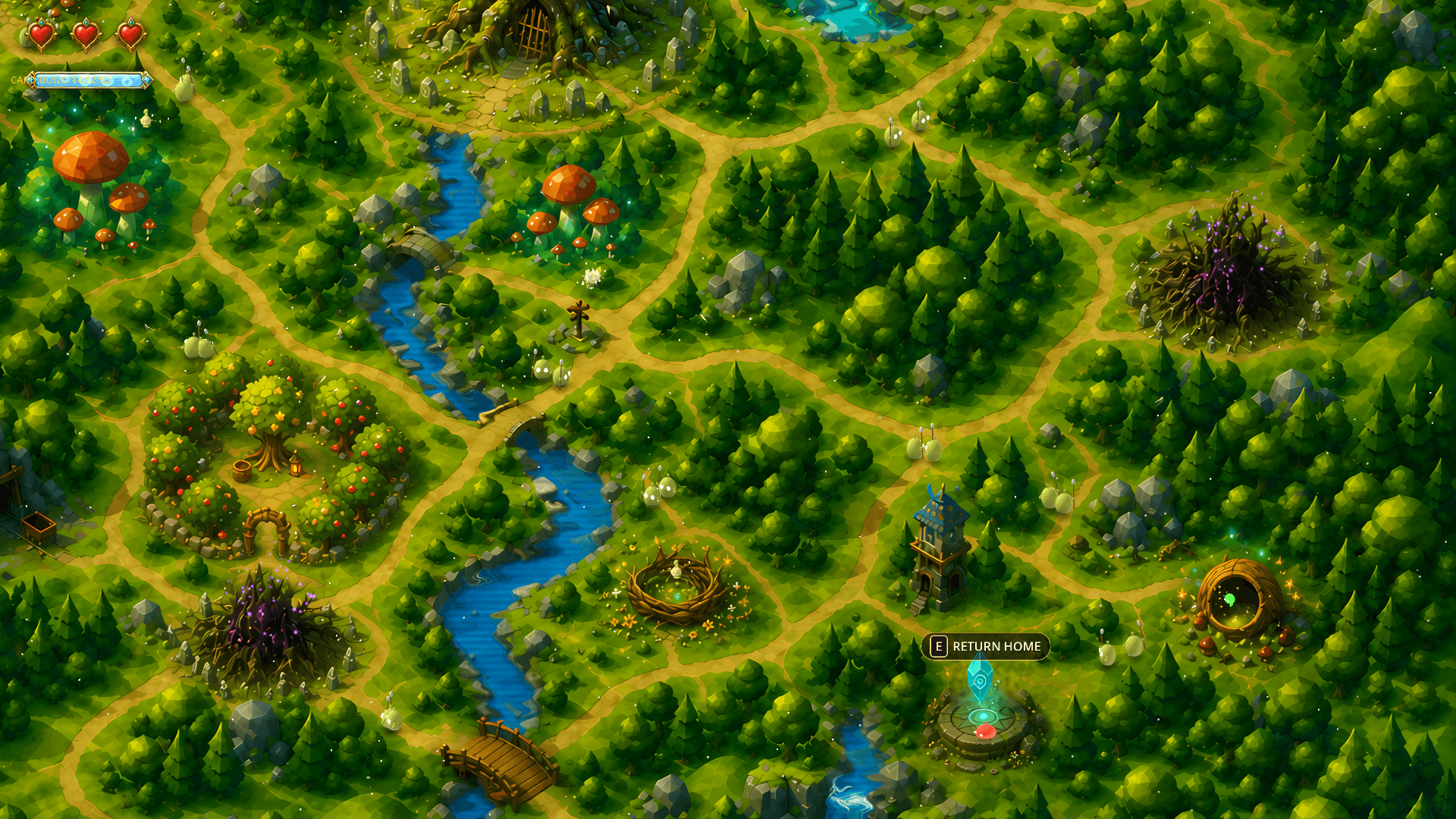 A painted forest overworld with winding paths, rivers, a wisp nest and a watchtower